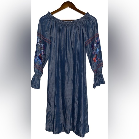 Philosophy Chambray Embroidered Floral Peasant Mini Dress‎ Women S Boho Pullover - Picture 2 of 8